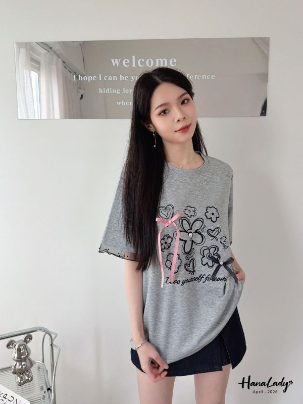 LFA08 刺繡花朵珍珠緞帶T 