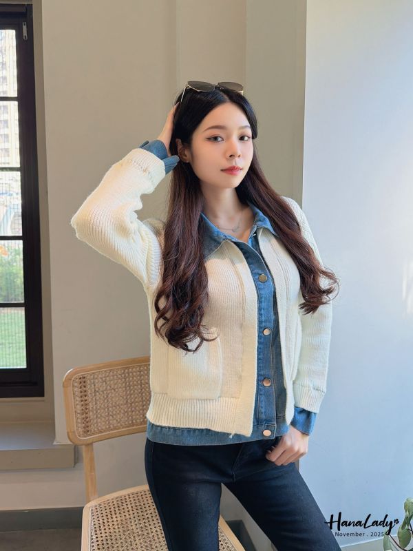 WJA01 丹寧拼接針織上衣 