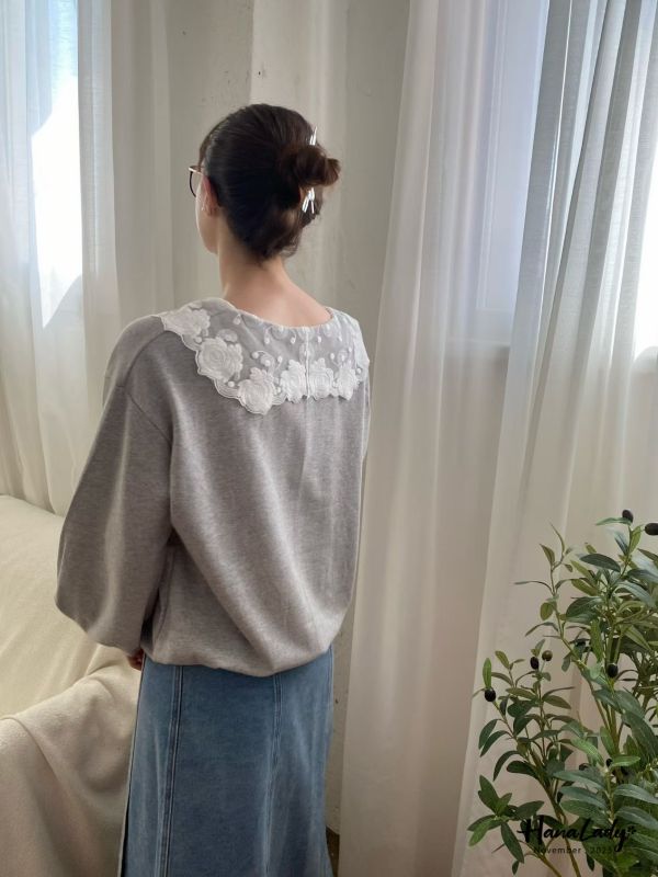 WJA29 浪漫蕾絲玫瑰刺繡領上衣 