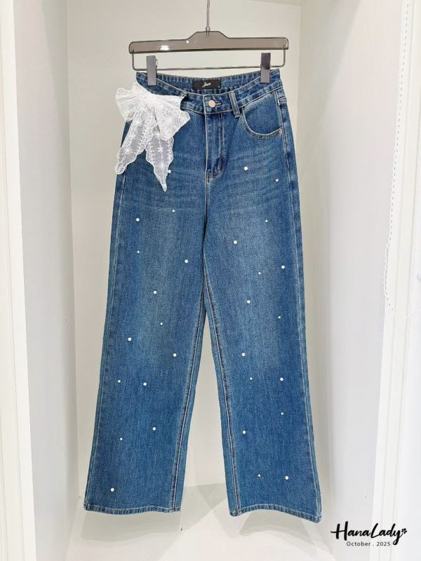 WTA26 超彈性必收珍珠丹寧直筒褲 