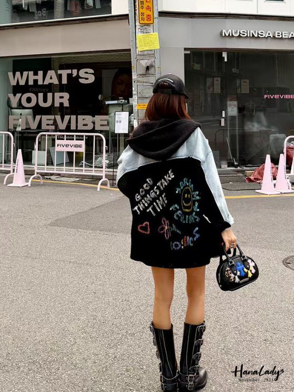 WJA78 街頭塗鴉風拼接單寧外 