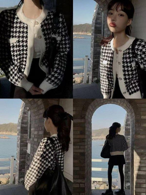 WQB69 千鳥格紋珍珠釦針織上衣 