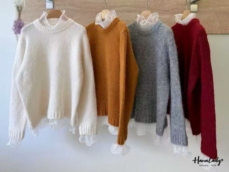 LEA45 拼接點點紗領針織上衣 