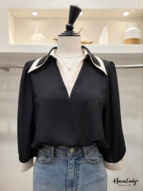 LSA22 層次V領配色雪紡衫 