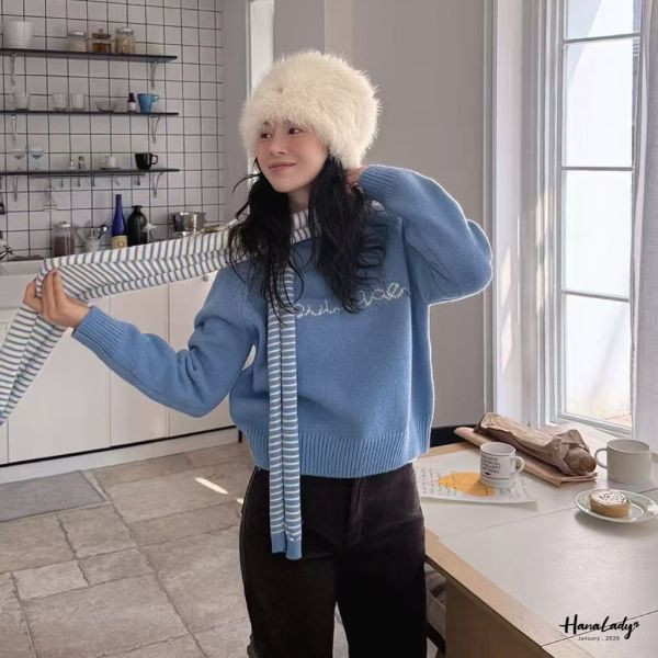 LEA04 雙色圍巾針織上衣 