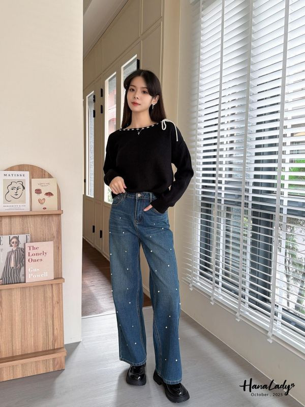 WTA26 超彈性必收珍珠丹寧直筒褲 