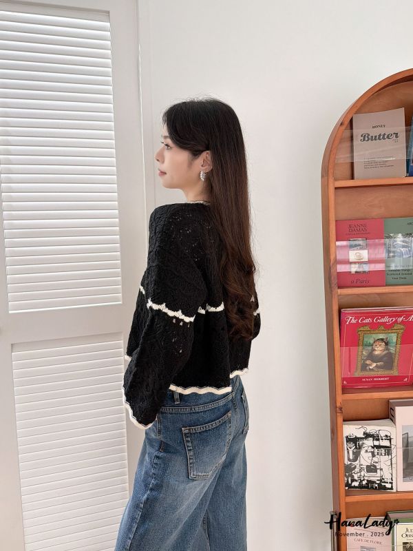 WJB11 簍空編織波浪綁結衫 