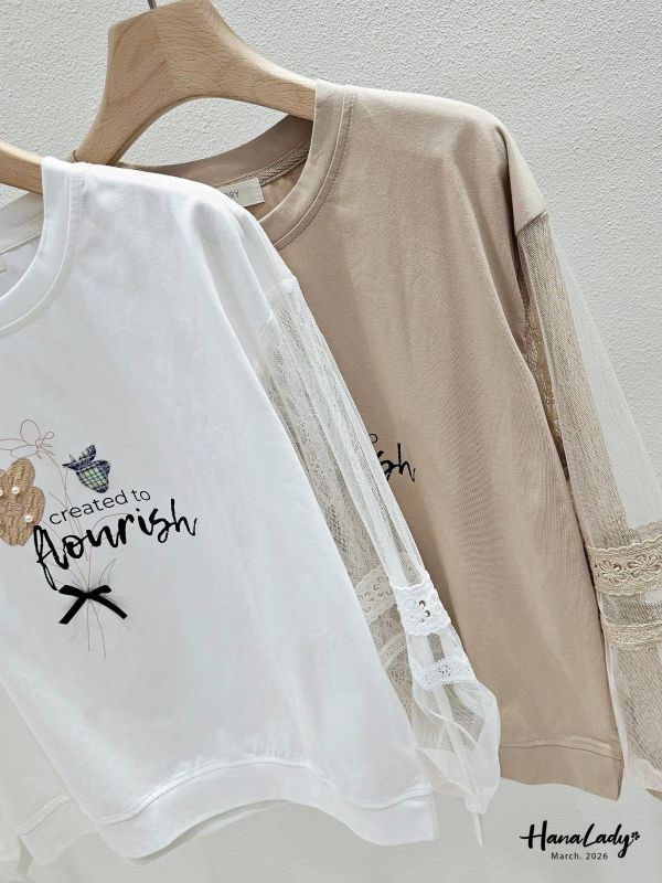 LSA08 知性小花拼接蕾絲袖上衣 