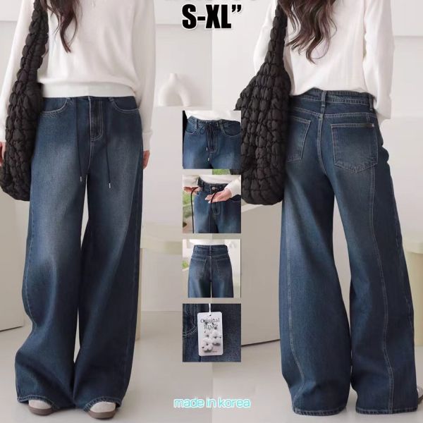 WQA37 人見人愛綁繩腰丹寧寬褲 