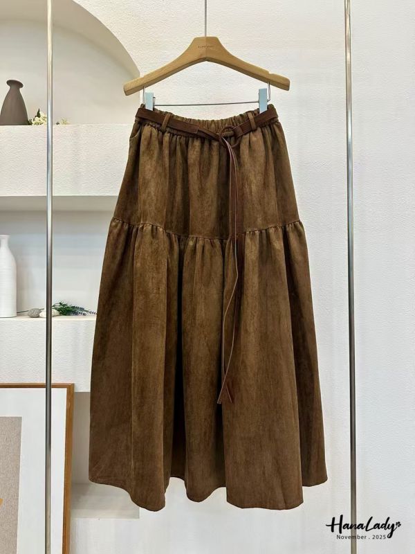 WJA81 浪漫附腰帶麂皮長裙 