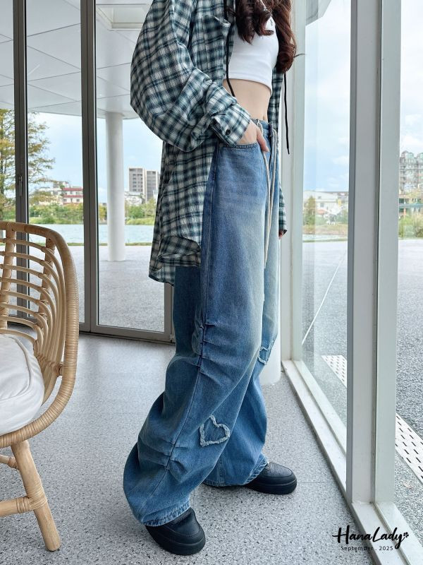 WKA83 抽繩愛心毛鬚抽繩丹寧褲 