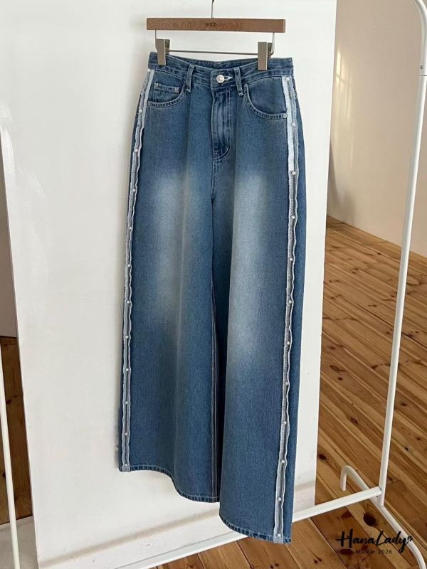 LSA52 珍珠反摺邊直筒丹寧褲 