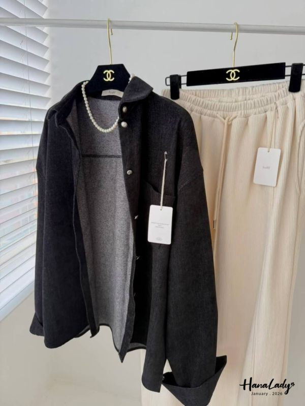 LEA39 高質感克羅心釦絨布襯衫 