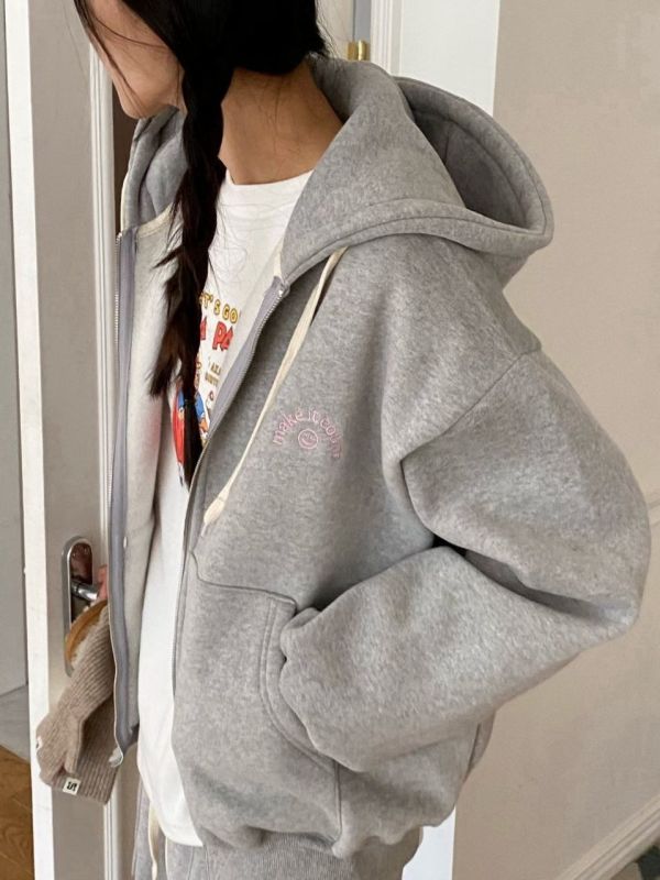 WQA03 微笑刺繡內刷毛連帽拉鍊外 