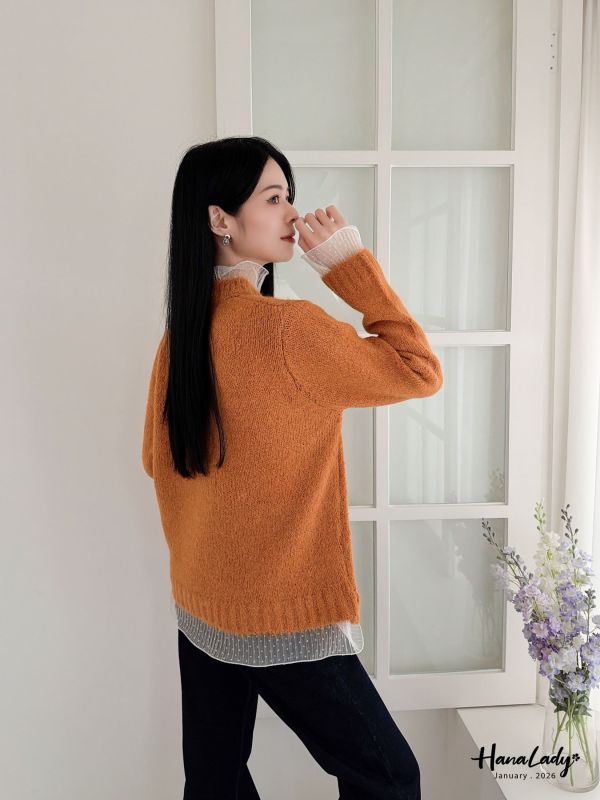 LEA45 拼接點點紗領針織上衣 