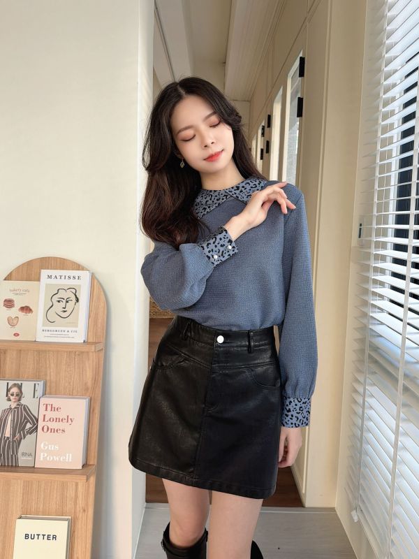 WQA54 豹紋雪紡拼接針織上衣 