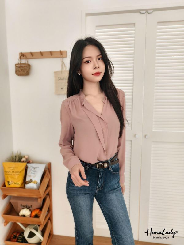 LSA24 優雅排釦V領雪紡衫 