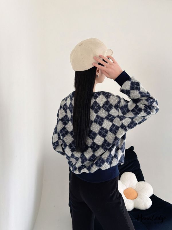 LEA99 灰藍菱格紋毛料針織上衣 
