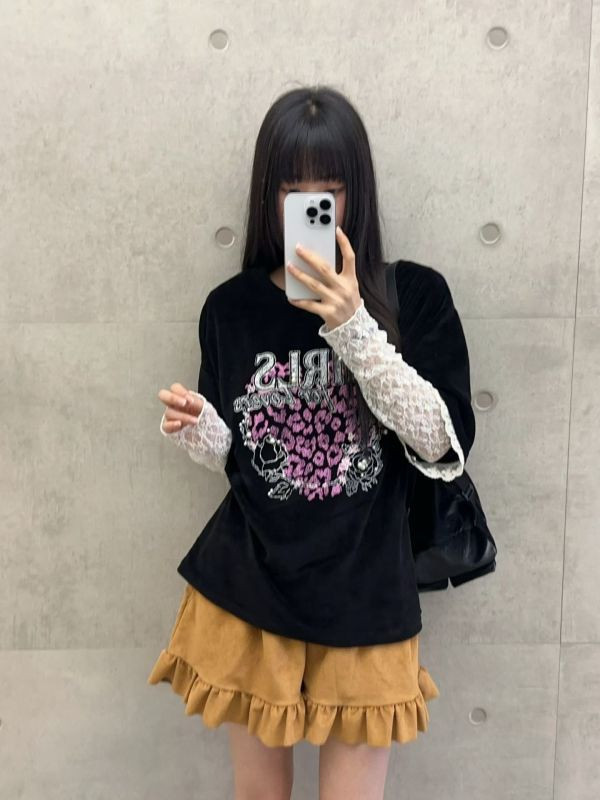 WQA31 GIRLS珍珠蕾絲豹紋絨布T 