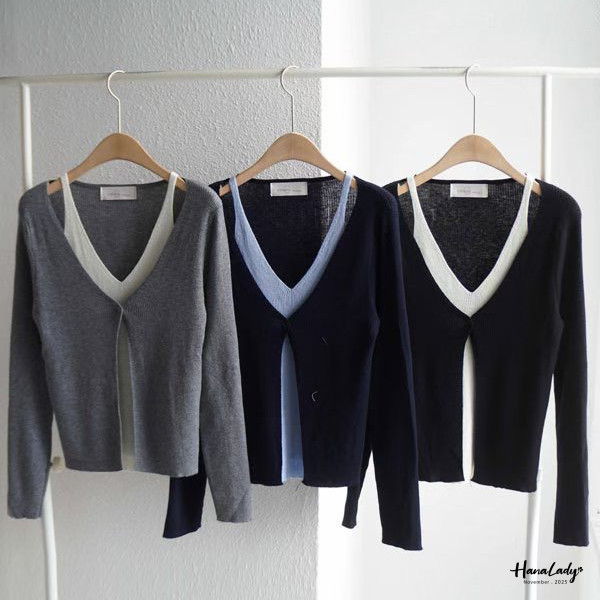 WJB40 雙色V領柔軟針織上衣 