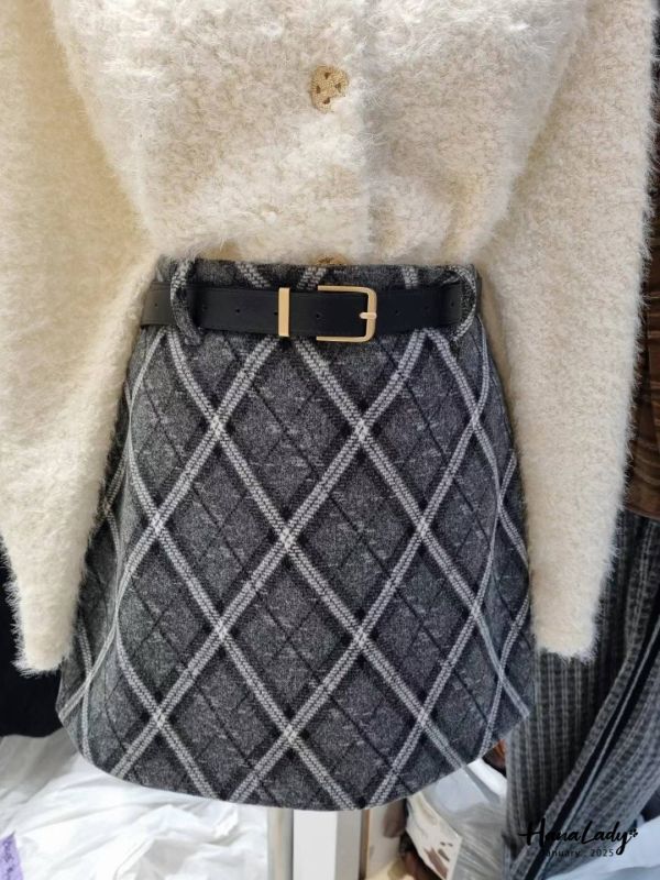 WEA87 附腰帶秋冬後鬆緊格紋短裙 