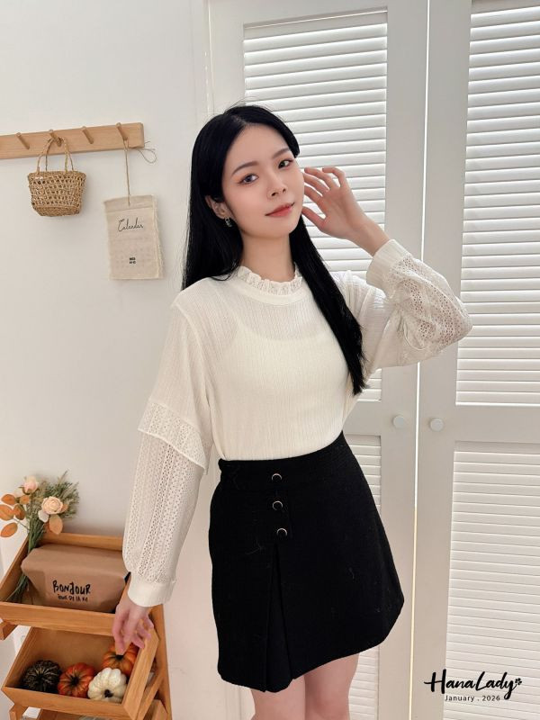 LEA24 細坑條造型簍空袖上衣 