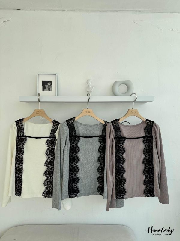 LTA92 睫毛蕾絲拼接坑條針織上衣 