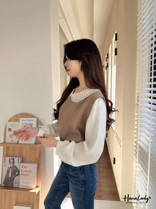 WQA52 刺繡雕花領雪紡上衣 