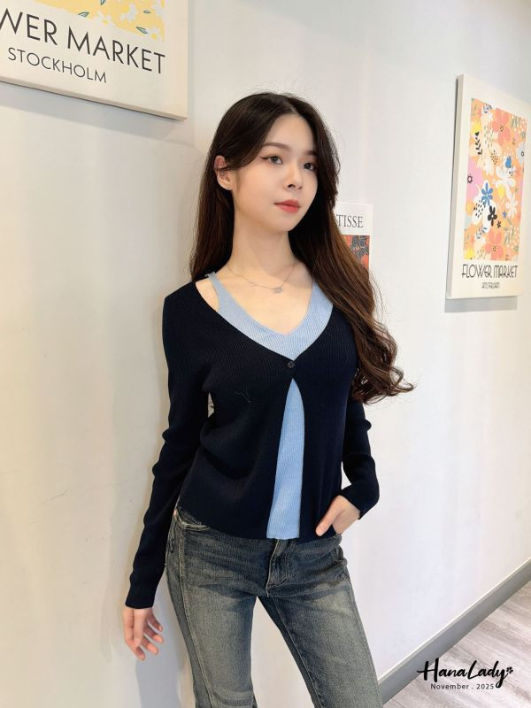 WJB40 雙色V領柔軟針織上衣 