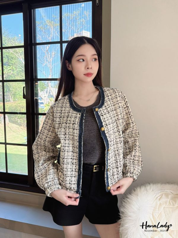 WJB41 十字格紋輕巧毛呢外 