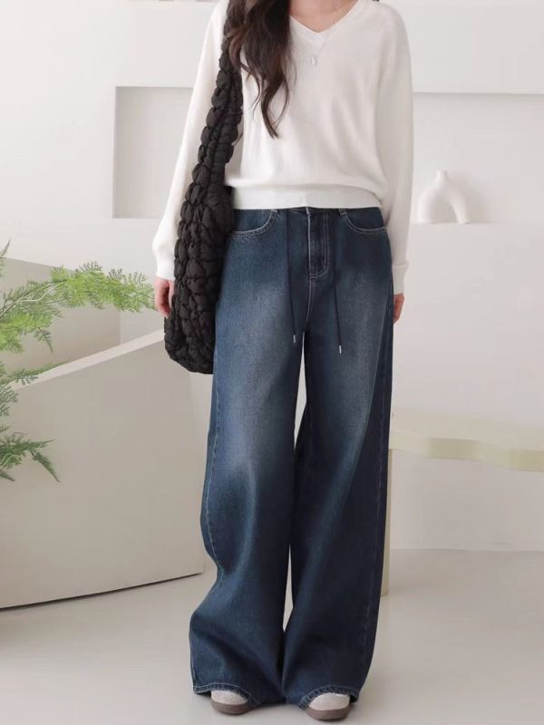 WQA37 人見人愛綁繩腰丹寧寬褲 