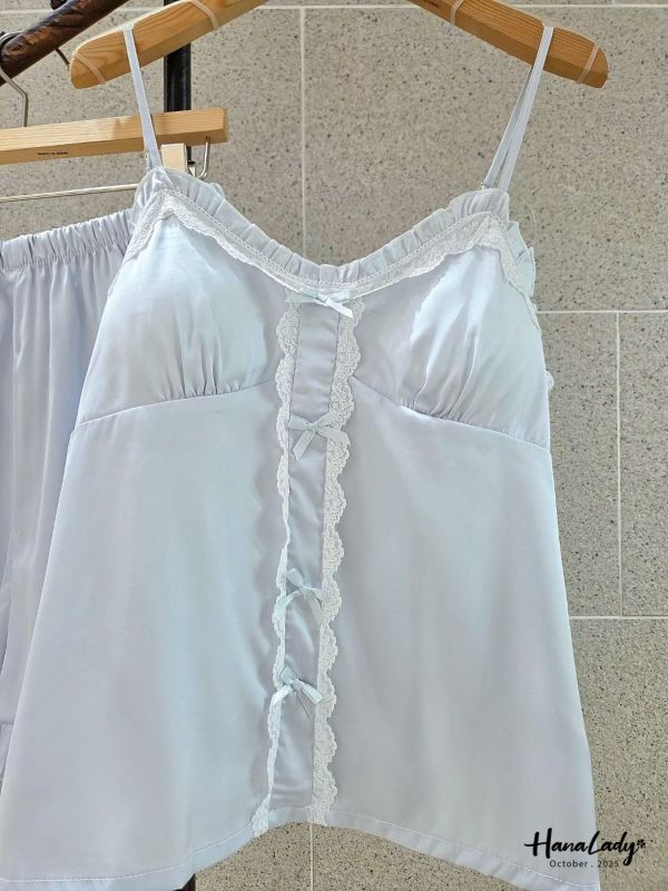 WTA96 緞面蝴蝶結蕾絲睡衣套裝 