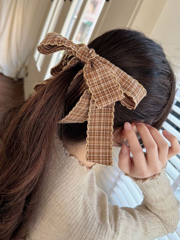 WQB43 格紋垂墜蝴蝶結香蕉夾 