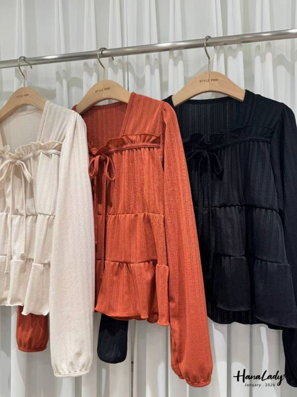 LEA59 綁結領層次QQ邊上衣 