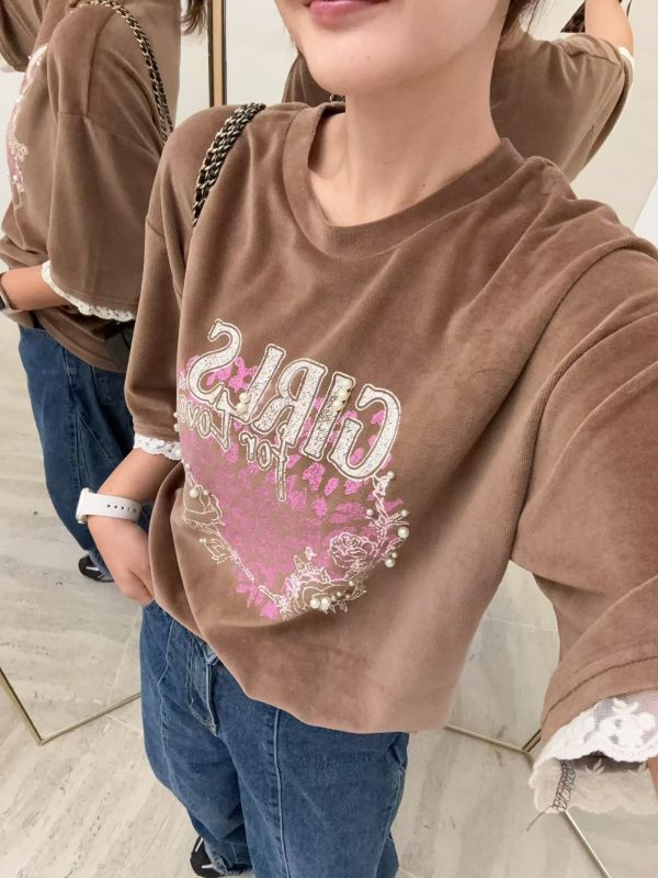 WQA31 GIRLS珍珠蕾絲豹紋絨布T 