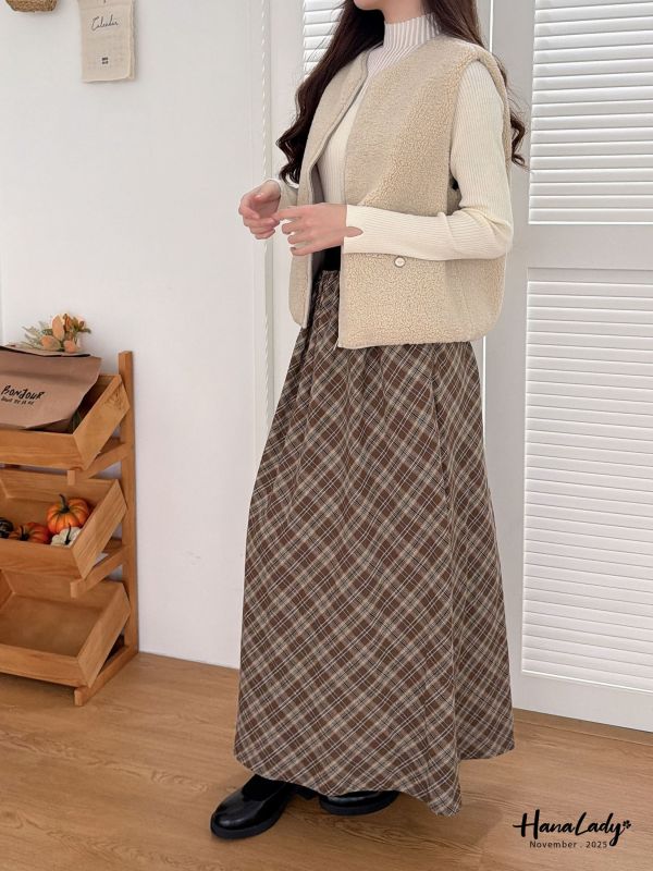 WJA36 造型皮邊格紋長裙 