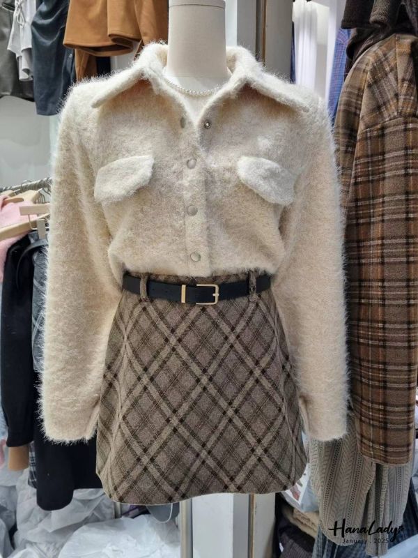 WEA87 附腰帶秋冬後鬆緊格紋短裙 