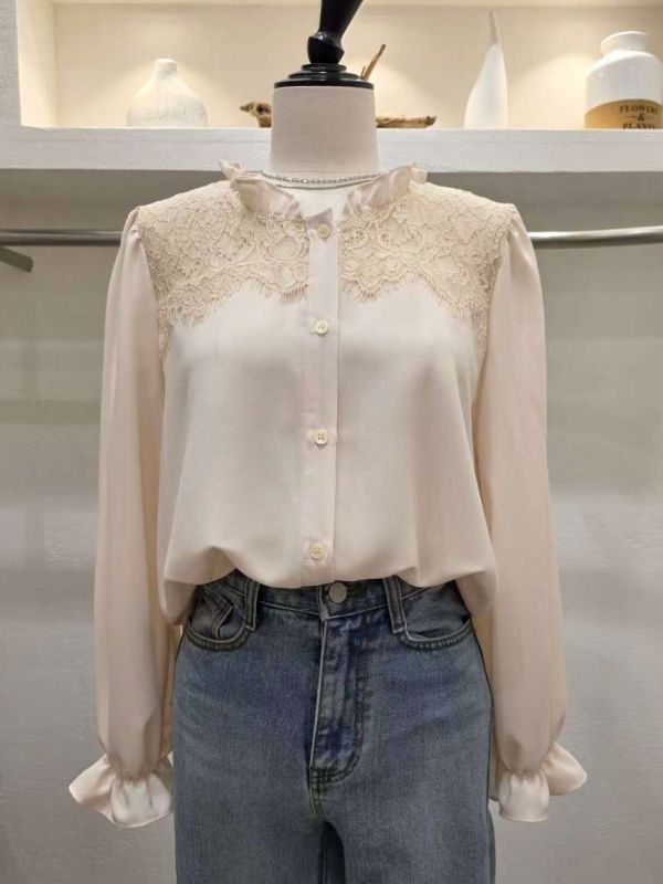 WQA90 優雅荷葉蕾絲領雪紡衫 