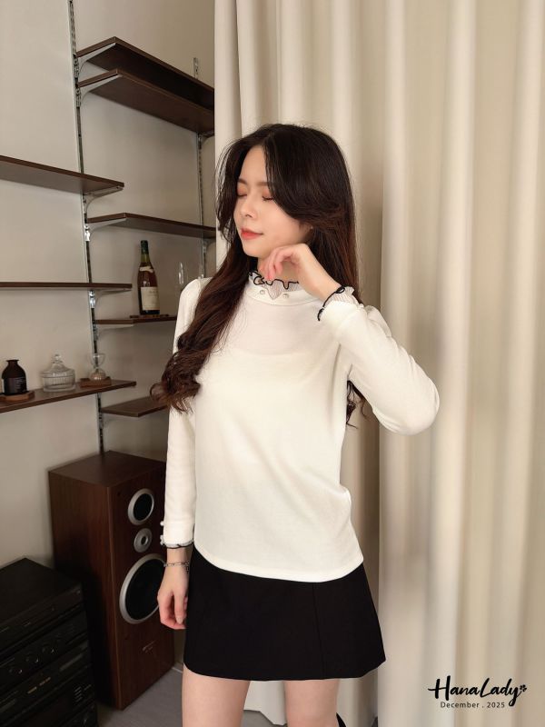 WQA60 接紗滾邊珍珠純色上衣 