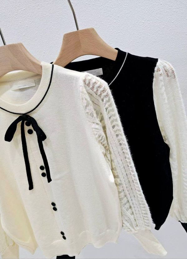 WQA29 蕾絲簍空透袖綁帶上衣 