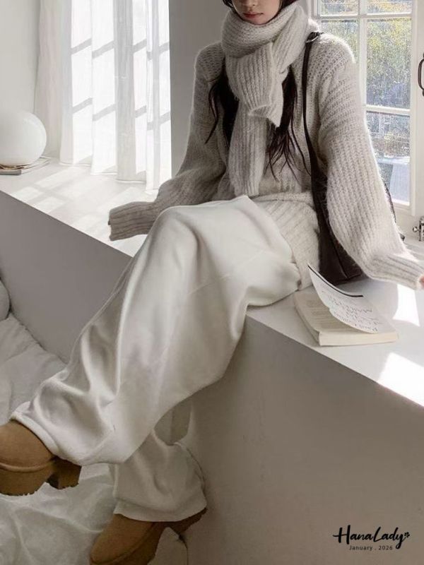 LEA32 麻花V領羊毛上衣附圍巾 