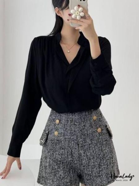 LSA24 優雅排釦V領雪紡衫 