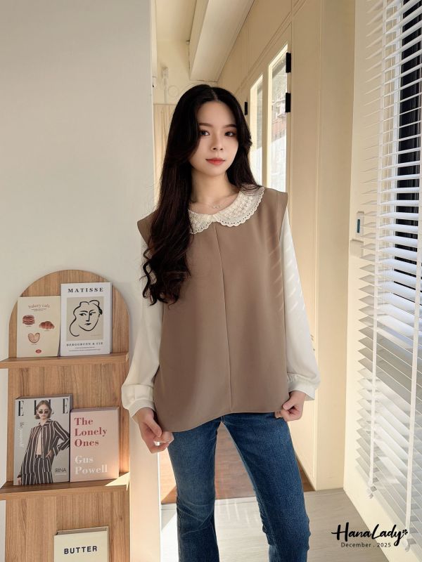 WQA52 刺繡雕花領雪紡上衣 