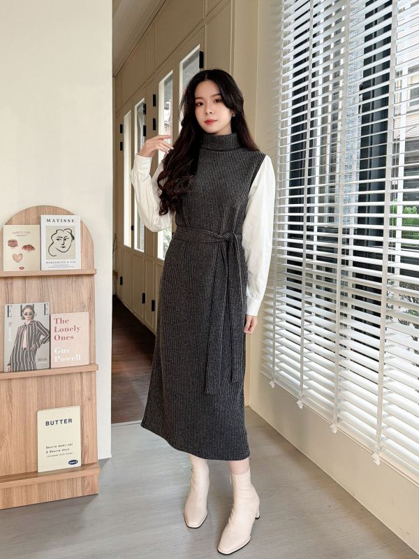 WQB11 高領針織襯衫袖連身裙 