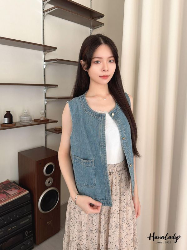 LLA04 復古金釦小口袋丹寧背心 