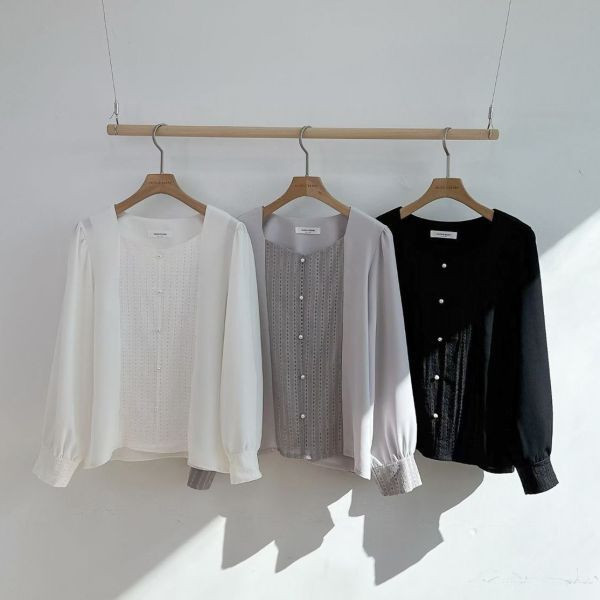 WQA51 波西米亞釘珠V線雪紡衫 