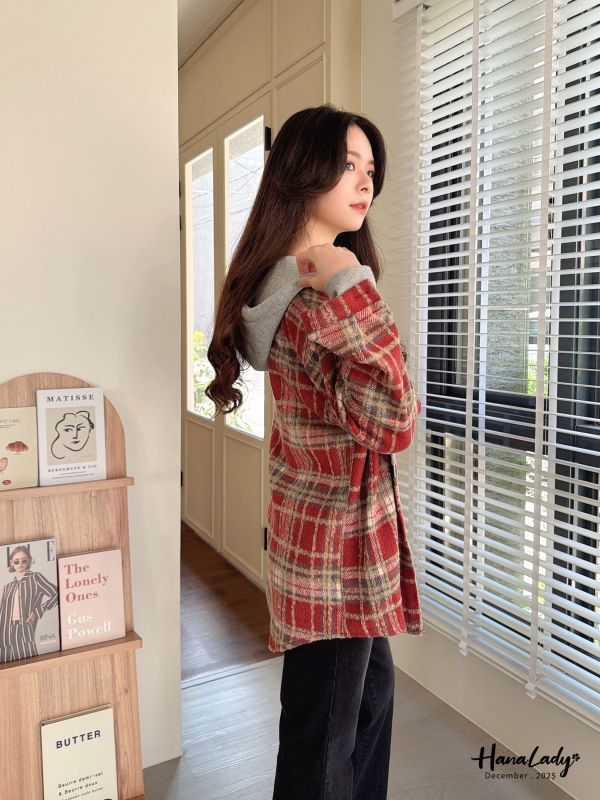 WQA94 配色格紋連帽長版外 