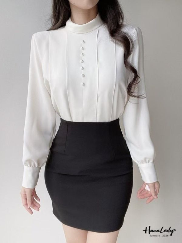 LEA28 珍珠小立領雪紡上衣 