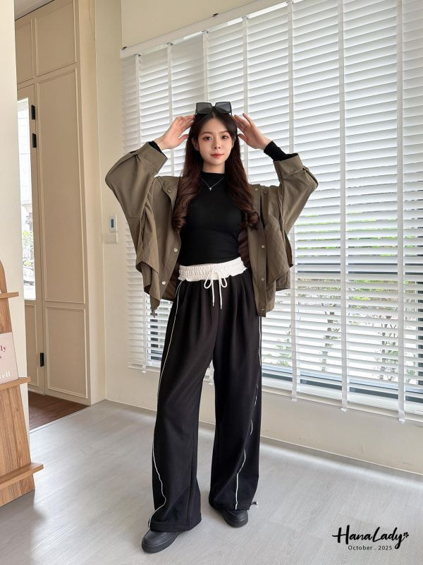 WTA74 線條拼色休閒長褲 