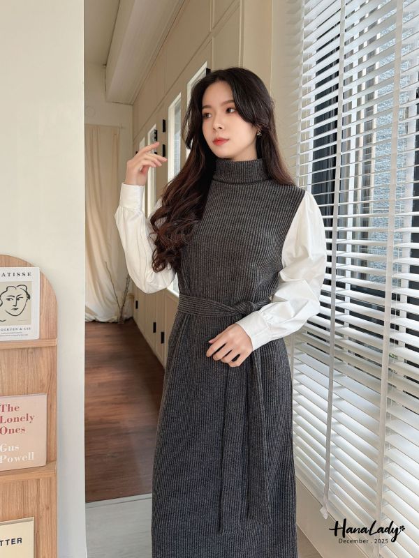 WQB11 高領針織襯衫袖連身裙 